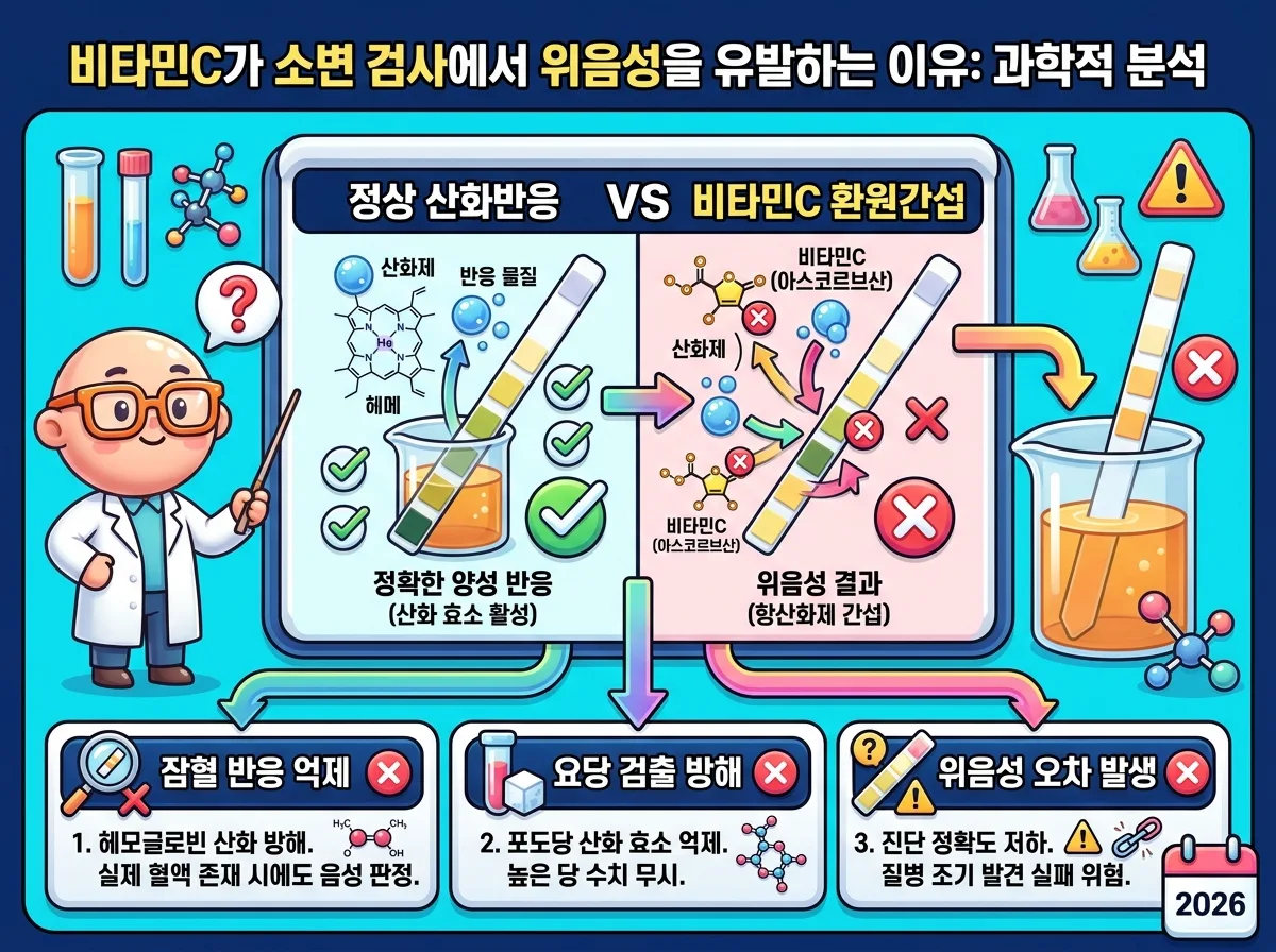 비타민C의 강력한 환원 작용으로 인해 소변 진단 시험지에서 잠혈과 요당 반응이 위음성으로 나타나는 원리 비교 인포그래픽