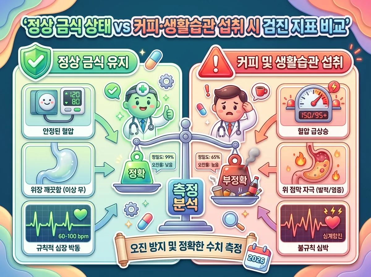 건강검진 금식 정상 유지 상태와 커피 흡연 섭취 시 혈압 및 위점막 검진 지표를 비교한 인포그래픽