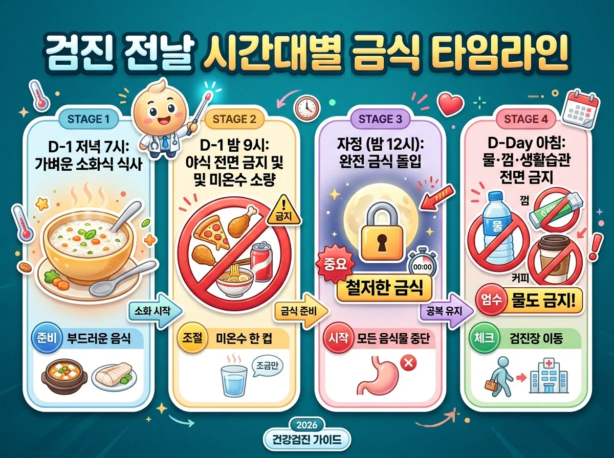 건강검진 전날 저녁부터 검진 당일 아침까지 시간대별로 지켜야 할 금식과 수분 섭취 가이드라인 단계별 안내도