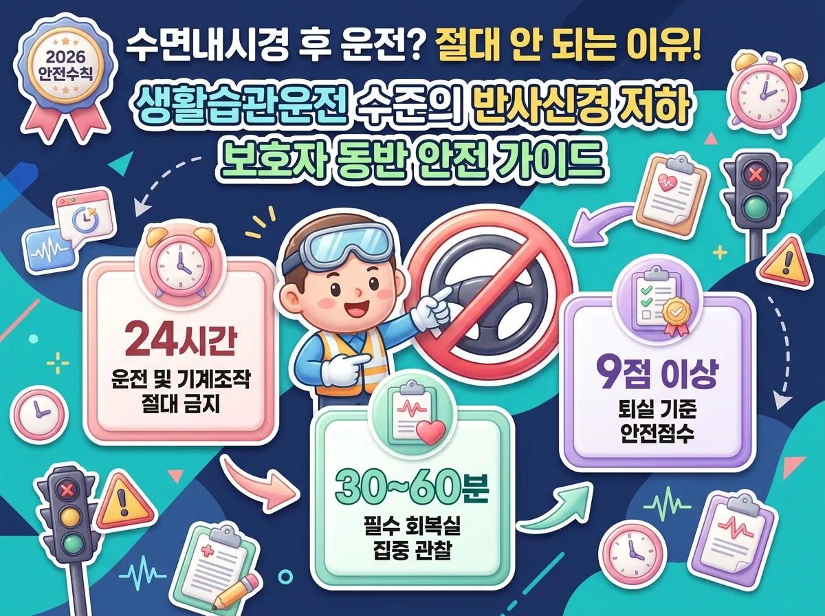 수면내시경 검사 후 24시간 당일 운전 금지 이유와 보호자 동반 기준을 설명하는 종합 인포그래픽 포스터