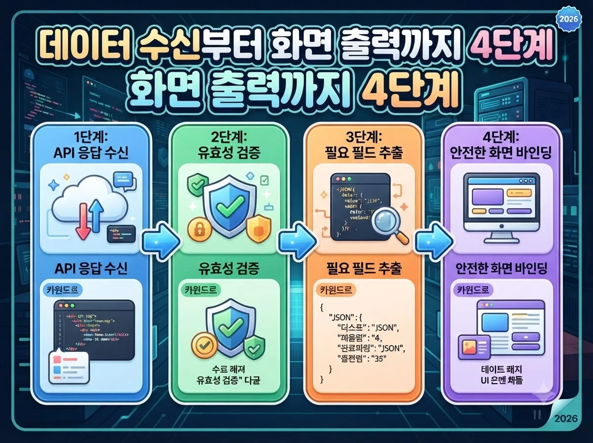 API 데이터 수신부터 안전한 화면 렌더링까지 이어지는 4단계 웹 개발 디버깅 절차 인포그래픽