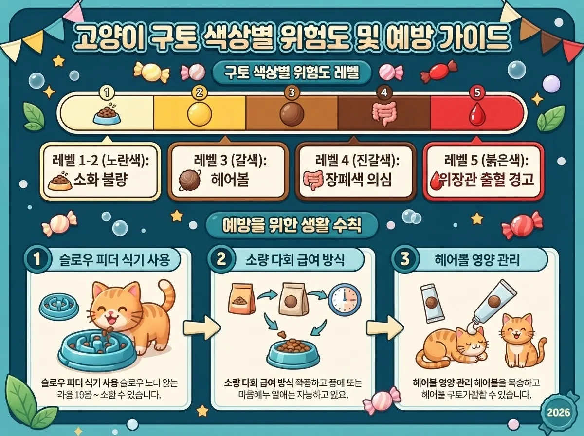 고양이 토사물 색깔별 원인과 위험도 단계 및 슬로우피더를 활용한 사료 토 예방법을 설명하는 인포그래픽입니다.