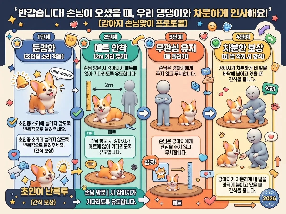 초인종 둔감화부터 매트 안착과 등 돌리기 무관심 대응 및 차분한 간식 보상까지 이어지는 강아지 손님맞이 4단계 훈련 로드맵