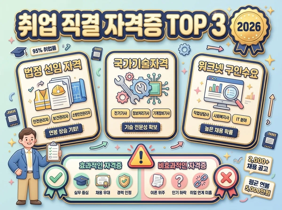취업에 바로 연결되는 국가기술자격증과 무용지물 자격을 구별하는 기준을 정리한 2026 재취업 가이드 인포그래픽