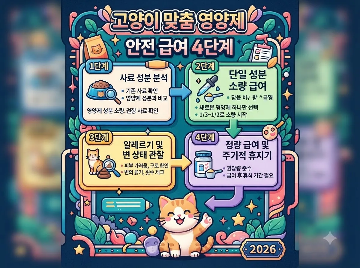 성분 중복 부작용을 예방하며 고양이에게 영양 보조제를 안전하게 급여하는 순차적 4단계 절차를 설명하는 정보 이미지