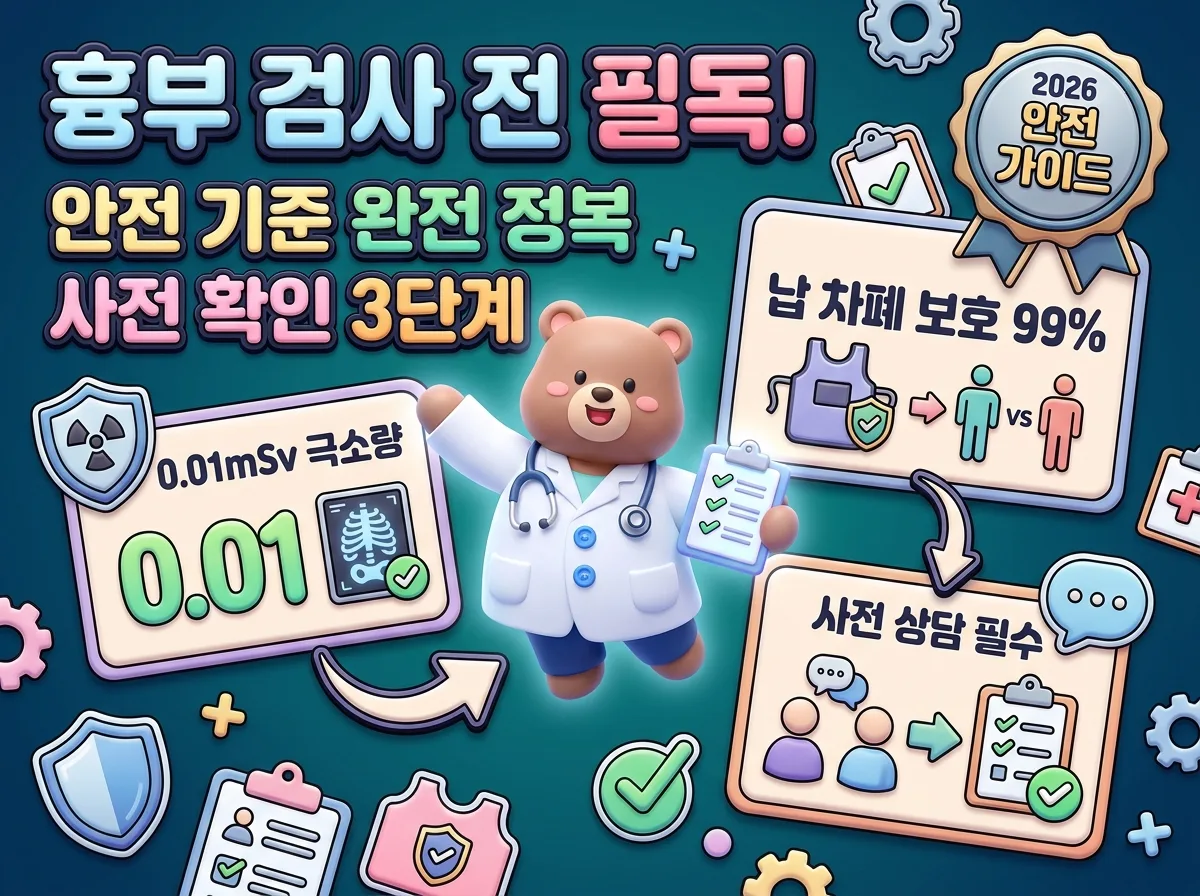흉부 엑스레이 검사 전 꼭 확인해야 할 안전 기준과 단계별 확인 사항을 정리한 종합 인포그래픽 포스터