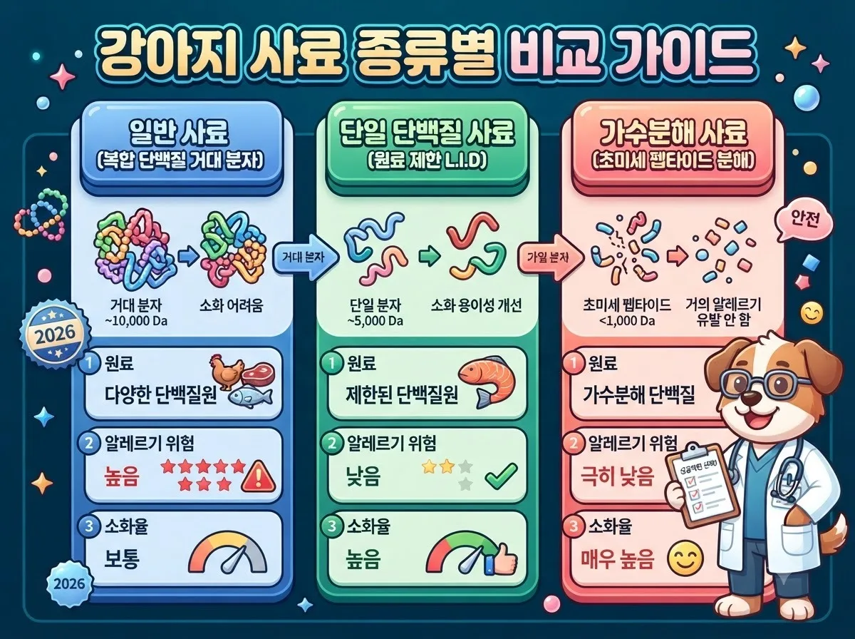 일반 사료와 단일 단백질 사료 및 가수분해 처방 사료의 단백질 분자량 차이 비교 인포그래픽