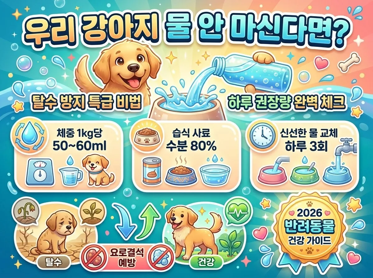 강아지 음수량 늘리기 비법과 하루 권장 수분 섭취량 및 식단별 수분 비교를 한눈에 정리한 2026년 반려동물 탈수 예방 인포그래픽 포스터