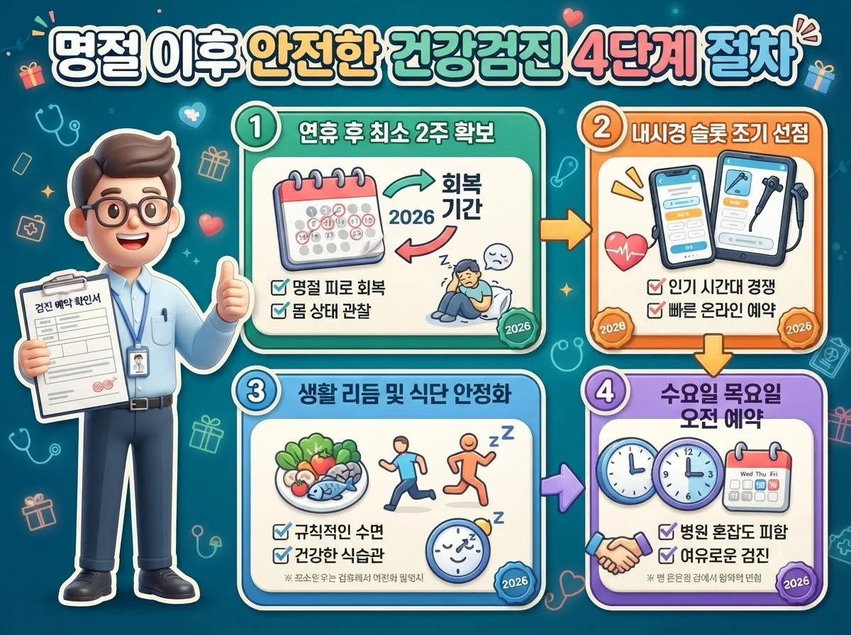 연휴 후 수치 왜곡을 방지하고 여유롭게 검사를 받기 위한 안전한 건강검진 예약 4단계 절차 인포그래픽