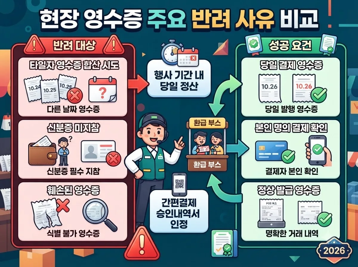 온누리상품권 환급 현장에서 자주 발생하는 타일자 영수증 합산 시도와 간이영수증 제출 등 주요 반려 사유와 승인 기준을 비교한 인포그래픽.
