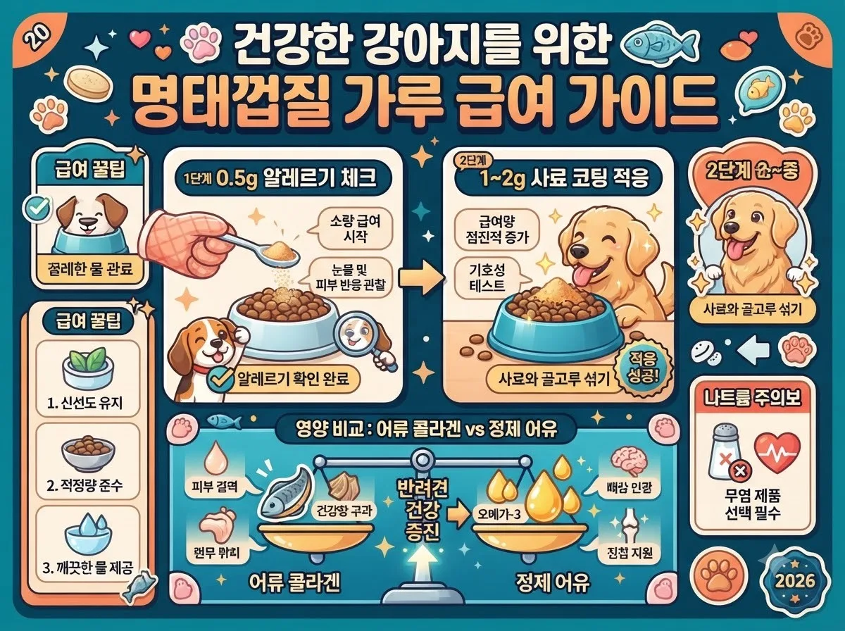 알레르기 반응 관찰부터 사료 코팅 적응까지 안전하게 급여하는 강아지 북어껍질 가루 적응 단계 및 섭취법 비교