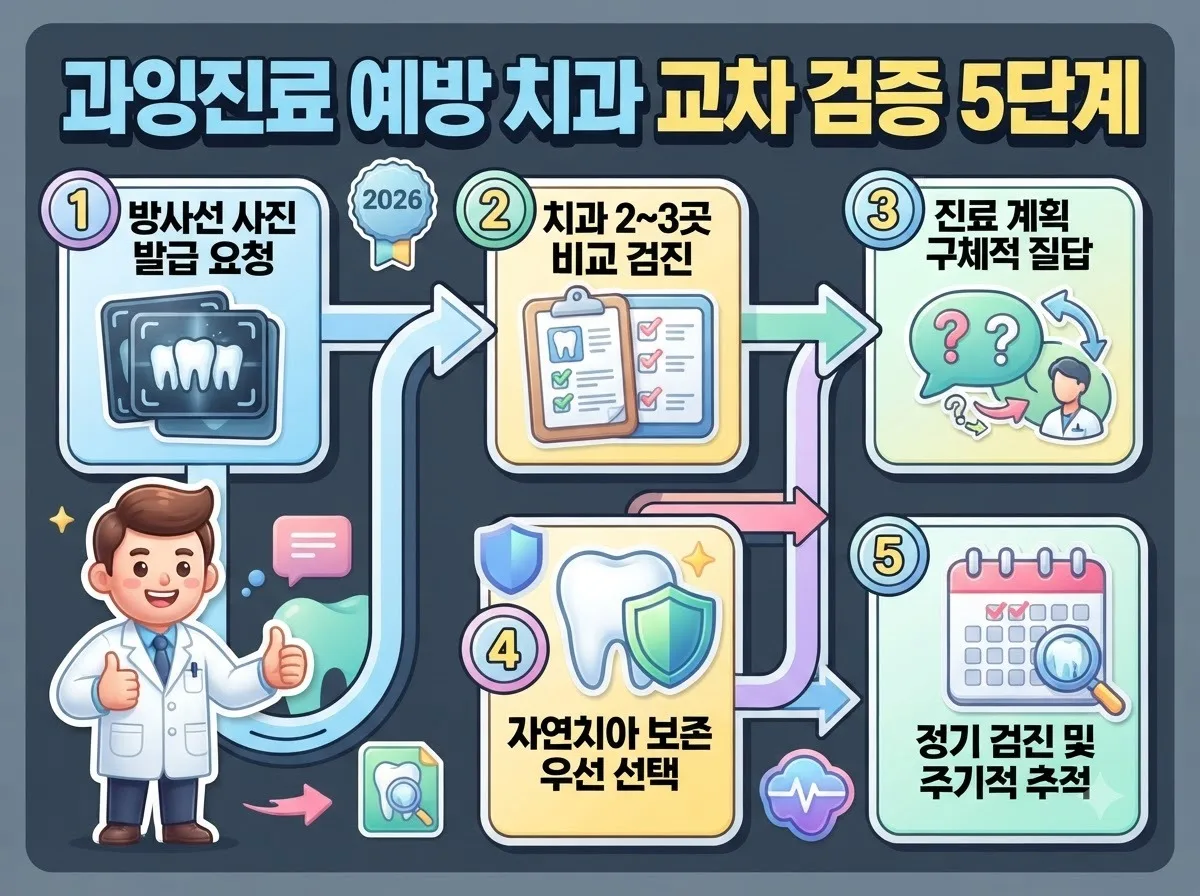 치과 진단 개수 차이가 클 때 과잉진료를 피하기 위해 거쳐야 하는 5단계 교차 검증 절차와 선택 기준을 안내하는 로드맵 이미지입니다.