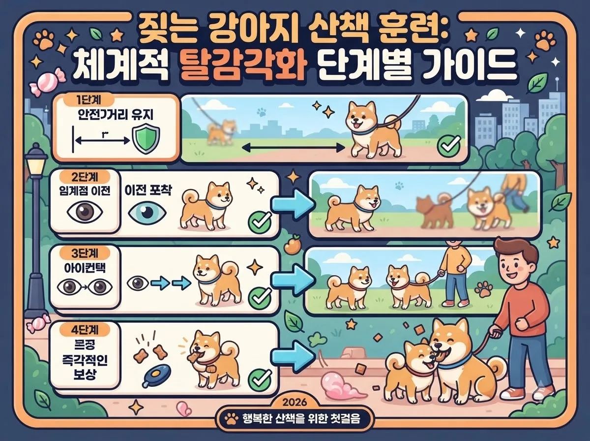 거리 유지부터 눈맞춤과 간식 보상까지 이어지는 반려견 짖음 교정 훈련 4단계 흐름도