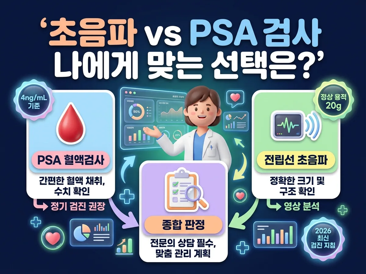 전립선 초음파와 PSA 검사의 기준 수치와 특징을 비교 분석한 2026년 남성 건강검진 핵심 인포그래픽