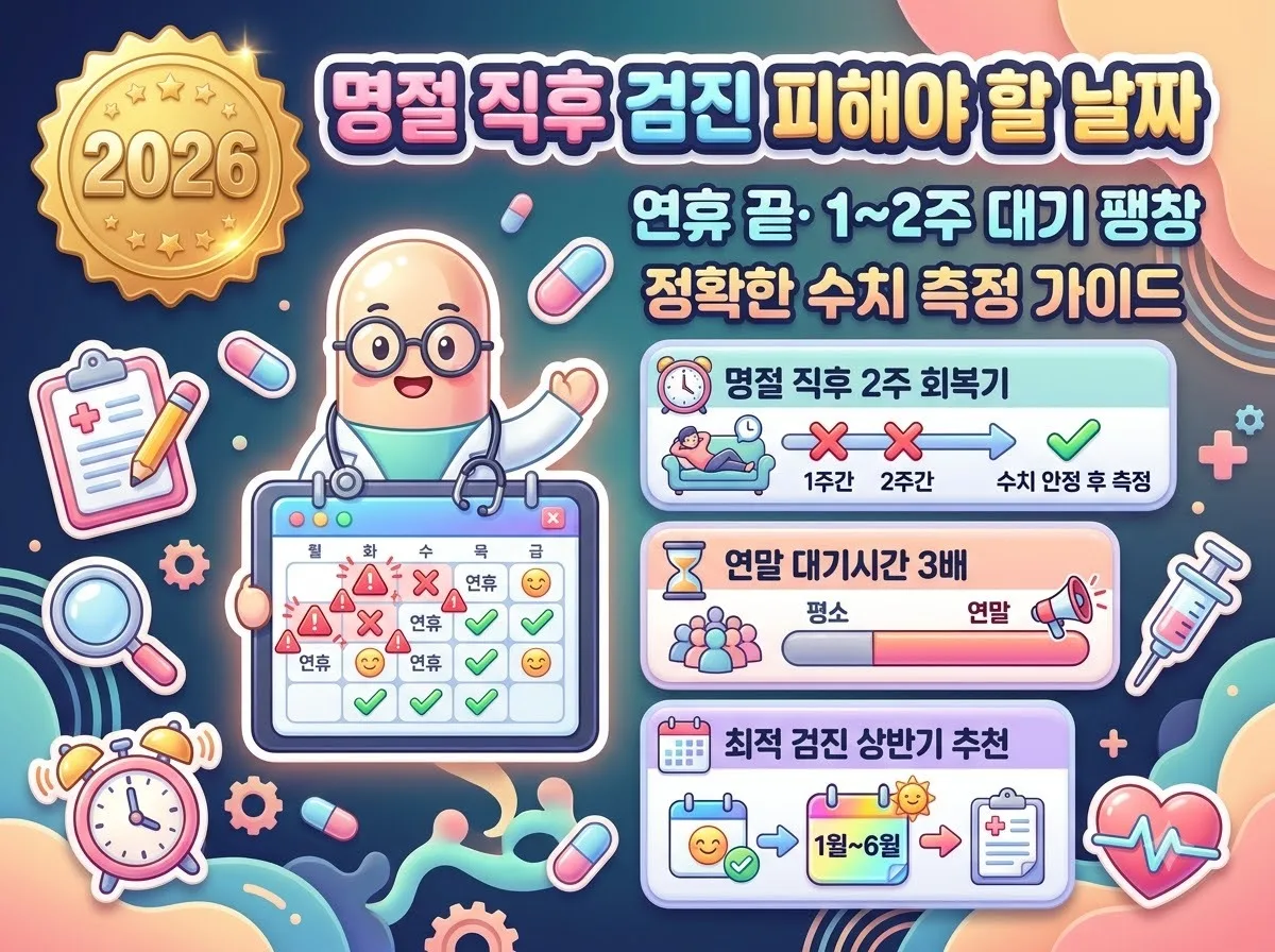 명절 직후와 연말 대기 폭증을 피해 정확한 건강검진을 예약하는 방법과 주의 날짜를 정리한 인포그래픽 썸네일