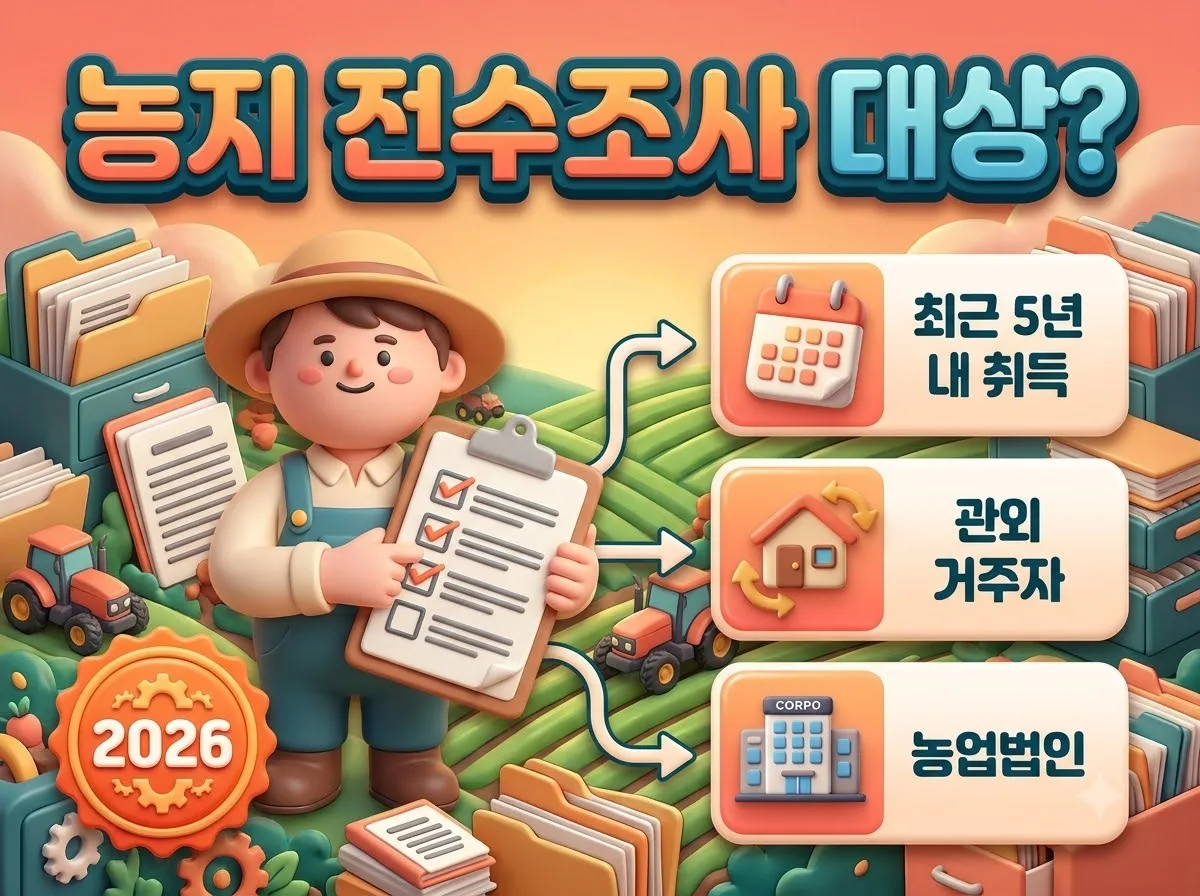 농지 전수조사 대상과 3가지 핵심 기준을 설명하는 3D 인포그래픽 이미지로, 돋보기를 든 농부 캐릭터와 주요 대상 정보가 카드 뉴스로 구성되어 있습니다.