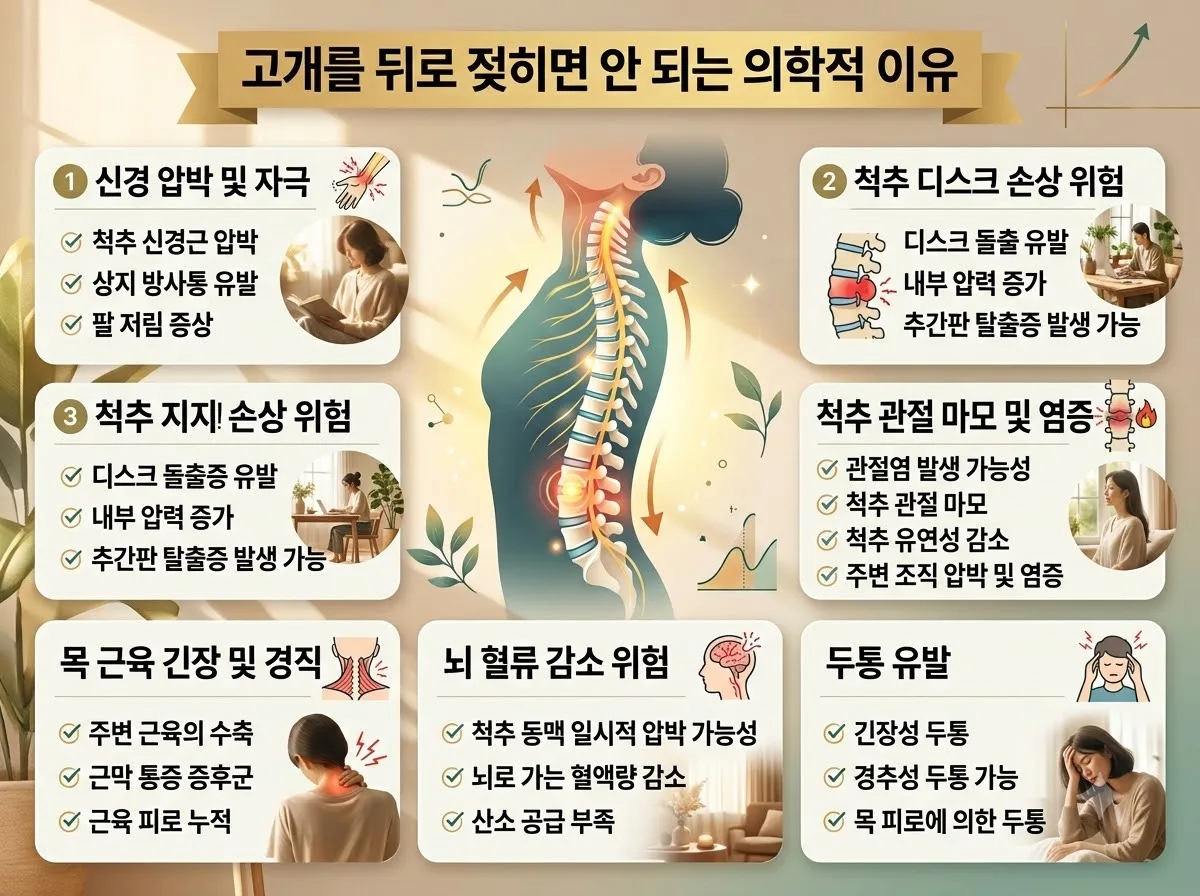 고개를 뒤로 젖히면 안 되는 의학적 이유 핵심 내용을 한글 라벨로 정리한 정보성 이미지