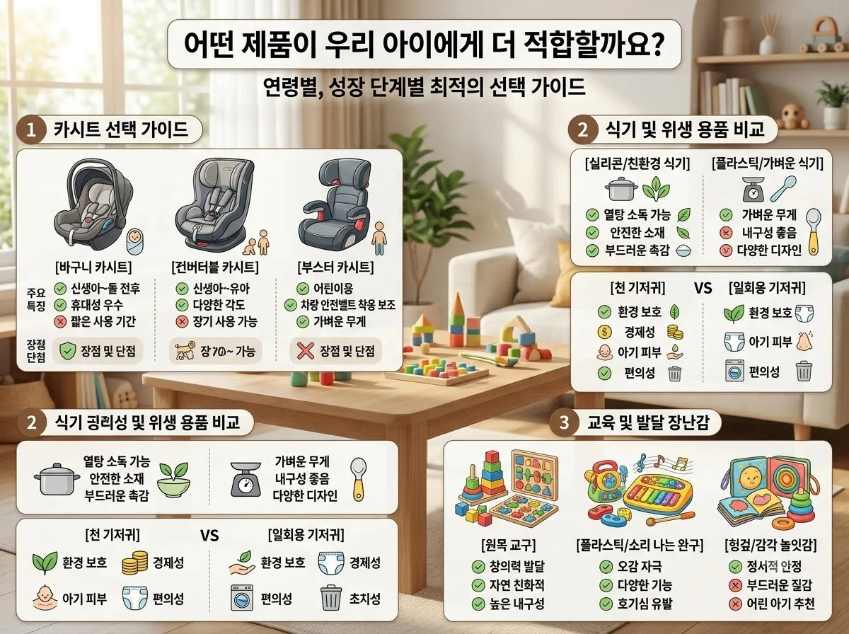 어떤 제품이 우리 아이에게 더 적합할까요? 핵심 내용을 한글 라벨로 정리한 정보성 이미지