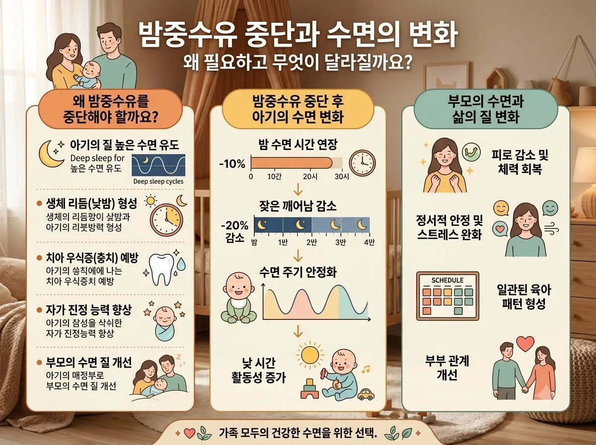 밤중수유 중단이 필요한 이유와 수면의 변화 핵심 내용을 한글 라벨로 정리한 정보성 이미지