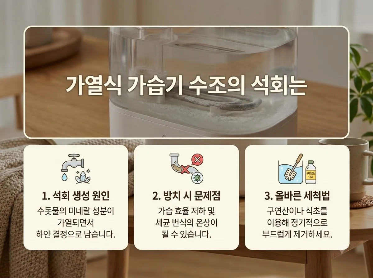 가열식 가습기 석회 제거법: 구연산 비율과 코팅 손상 방지 가이드 핵심을 요약한 대표 썸네일 이미지