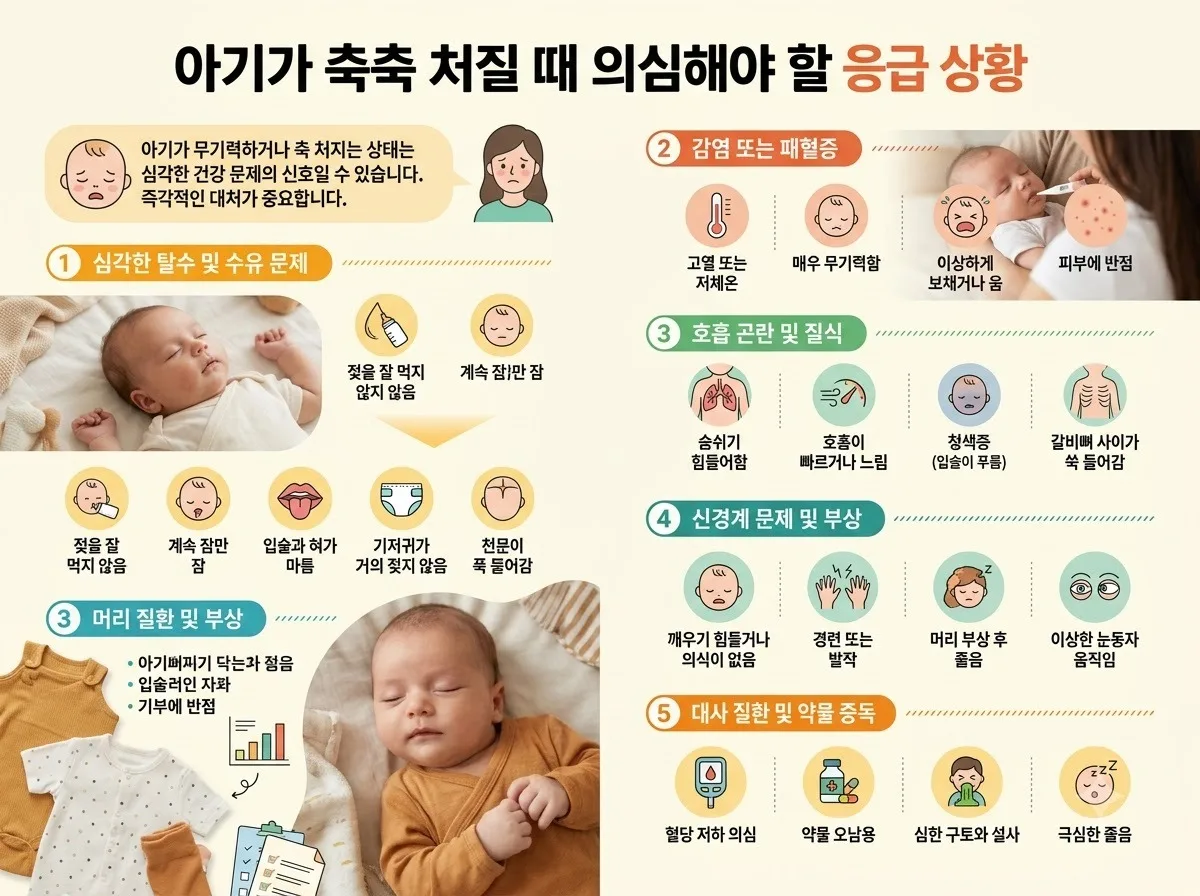 아기가 축 처질 때 의심해야 할 응급 상황 핵심 내용을 한글 라벨로 정리한 정보성 이미지