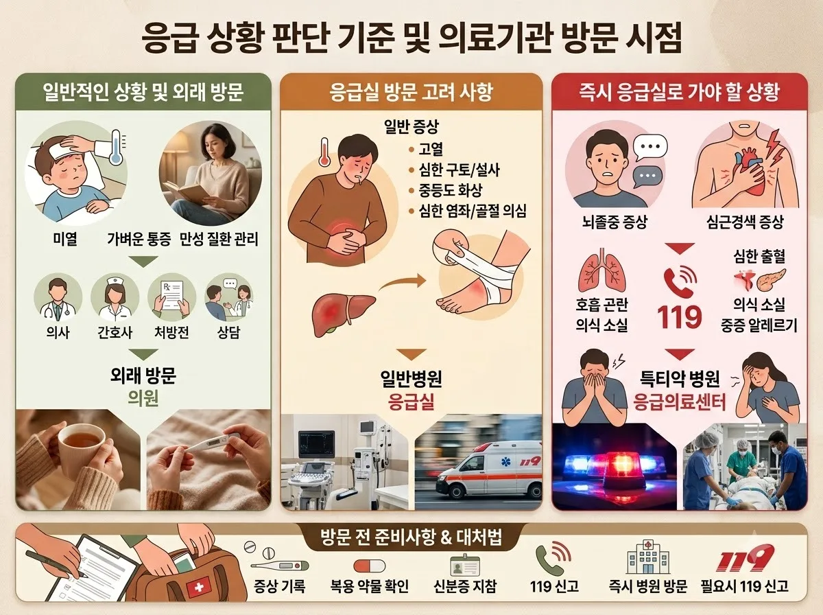 응급 상황 판단 기준 및 의료기관 방문 시점 핵심 내용을 한글 라벨로 정리한 정보성 이미지