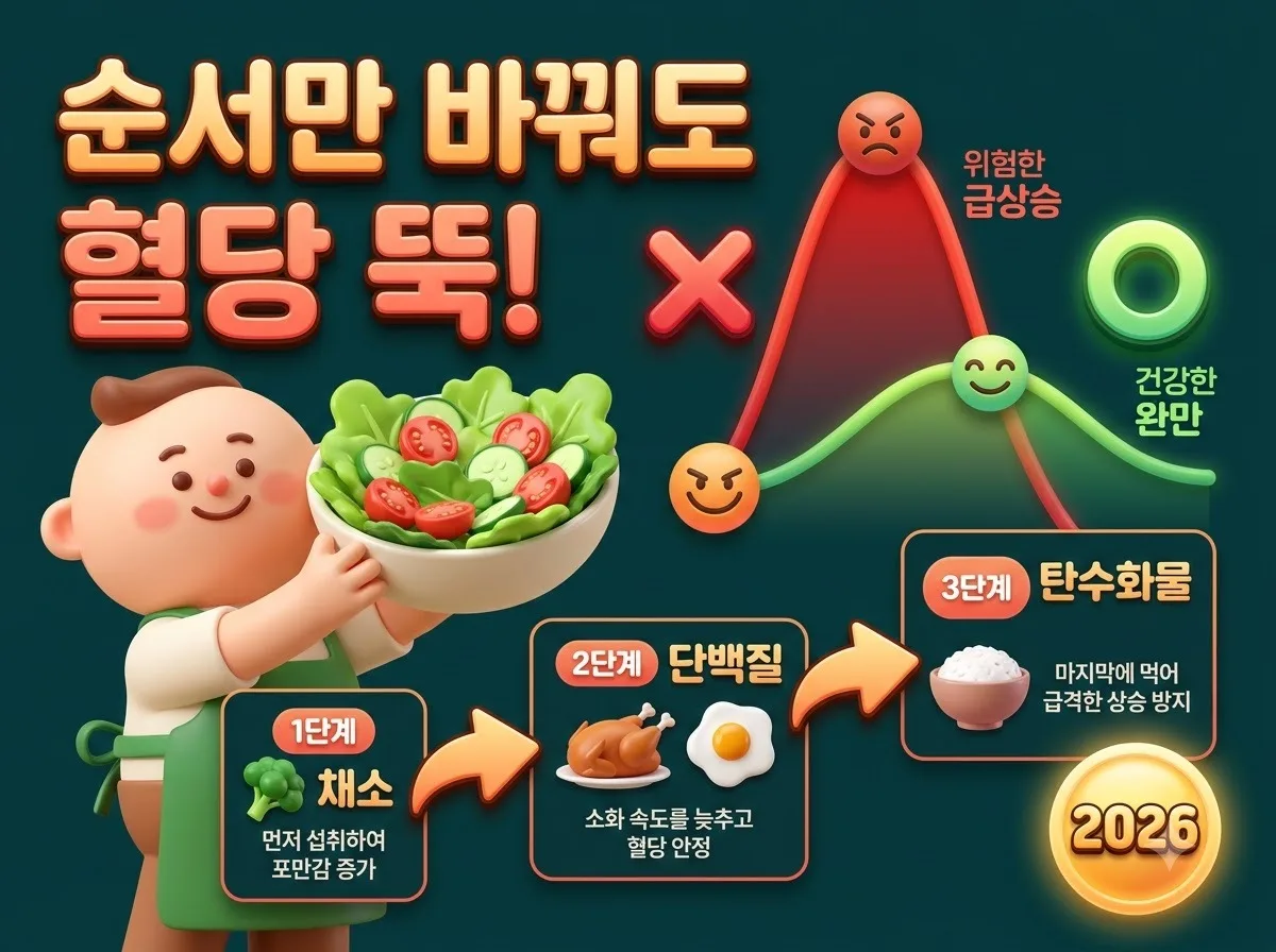 채소, 단백질, 탄수화물 순서로 먹는 거꾸로 식사법을 시각화하여 혈당 스파이크를 예방하고 건강한 식습관을 제안하는 3D 인포그래픽 썸네일 이미지입니다.