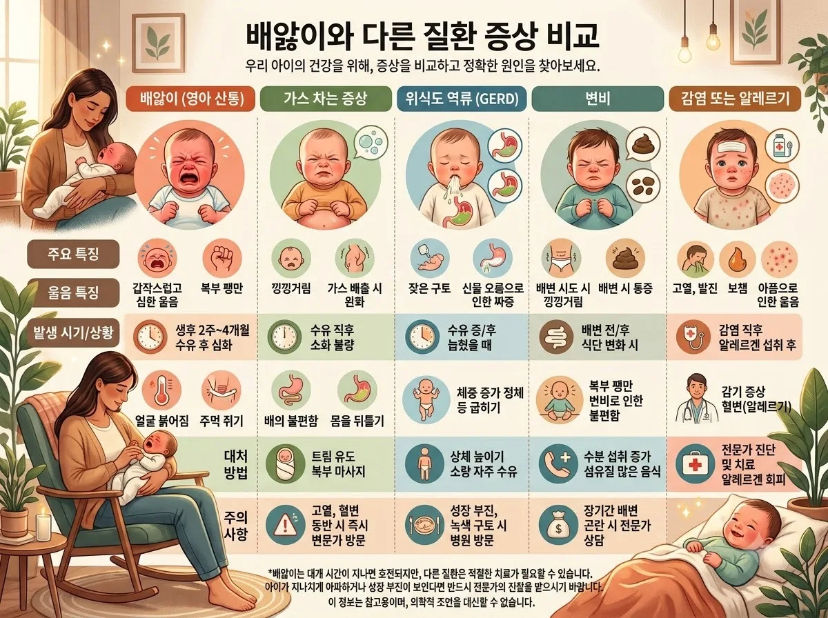 배앓이와 다른 질환 증상 비교 핵심 내용을 한글 라벨로 정리한 정보성 이미지