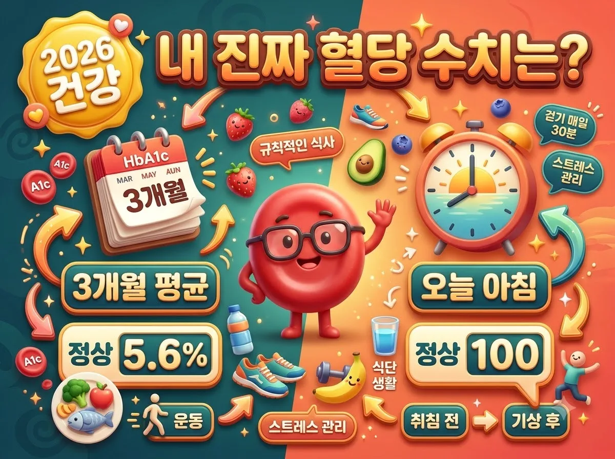 당화혈색소와 공복혈당의 차이를 3D 캐릭터와 비교 인포그래픽으로 쉽게 표현한 2026년 당뇨 관리법 썸네일 이미지입니다.