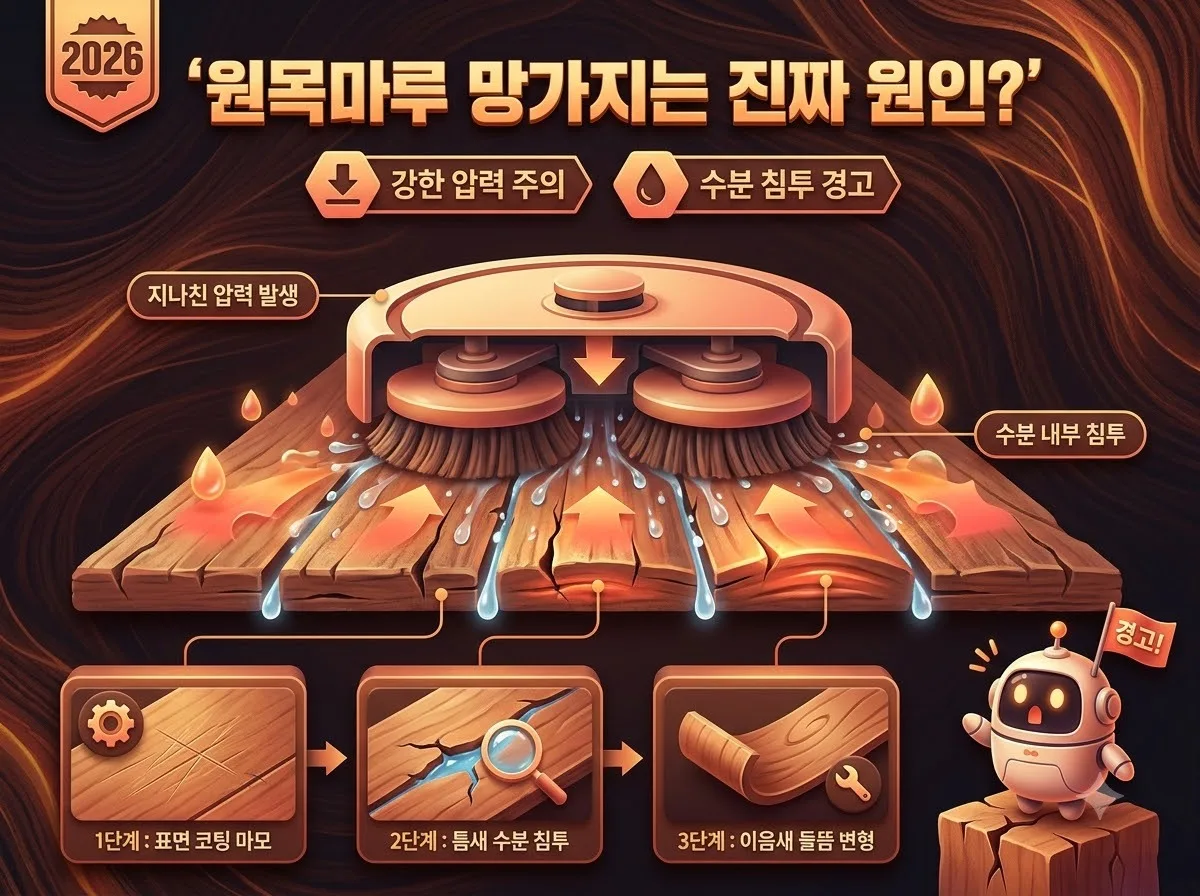 고압력 물걸레 로봇청소기가 원목마루 코팅을 마모시키고 틈새로 수분을 침투시켜 들뜸을 유발하는 원리를 설명하는 인포그래픽 썸네일 이미지입니다.