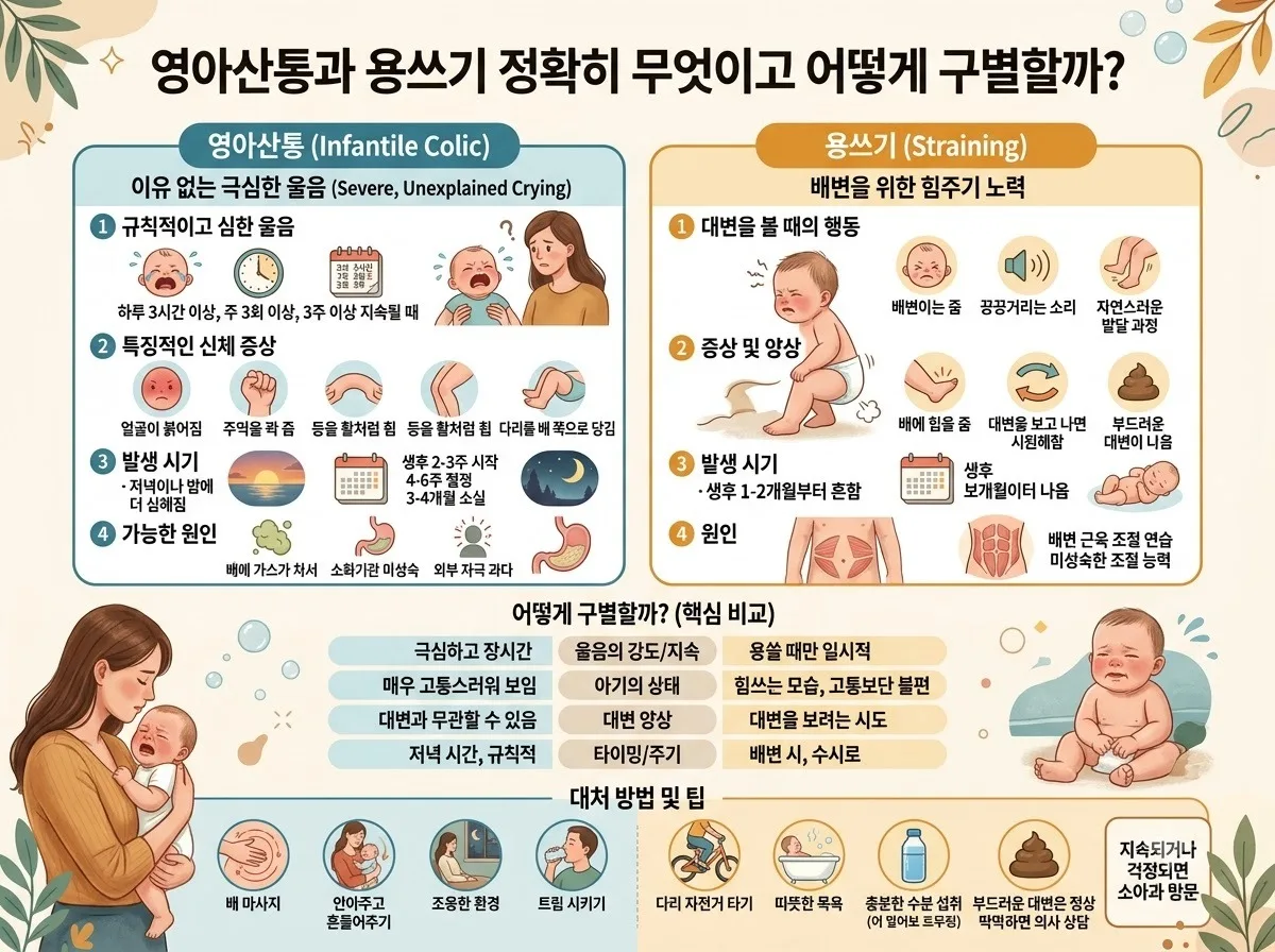 영아산통과 용쓰기, 정확히 무엇이고 어떻게 구별할까? 핵심 내용을 한글 라벨로 정리한 정보성 이미지