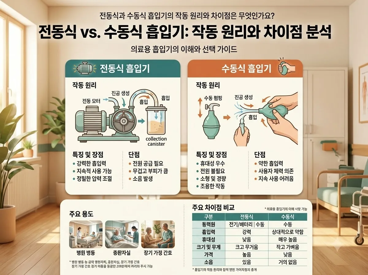 전동식과 수동식 흡입기의 작동 원리와 차이점은 무엇인가요? 핵심 내용을 한글 라벨로 정리한 정보성 이미지