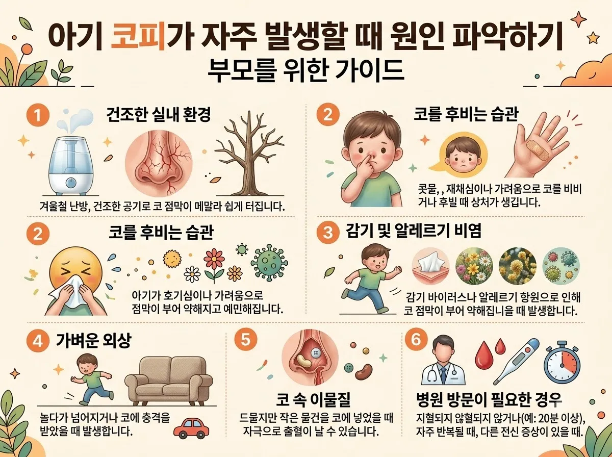 아기 코피가 자주 발생할 때 원인 파악하기 핵심 내용을 한글 라벨로 정리한 정보성 이미지