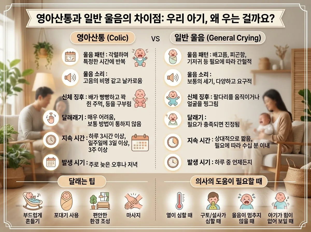영아산통과 일반 울음의 차이점 핵심 내용을 한글 라벨로 정리한 정보성 이미지