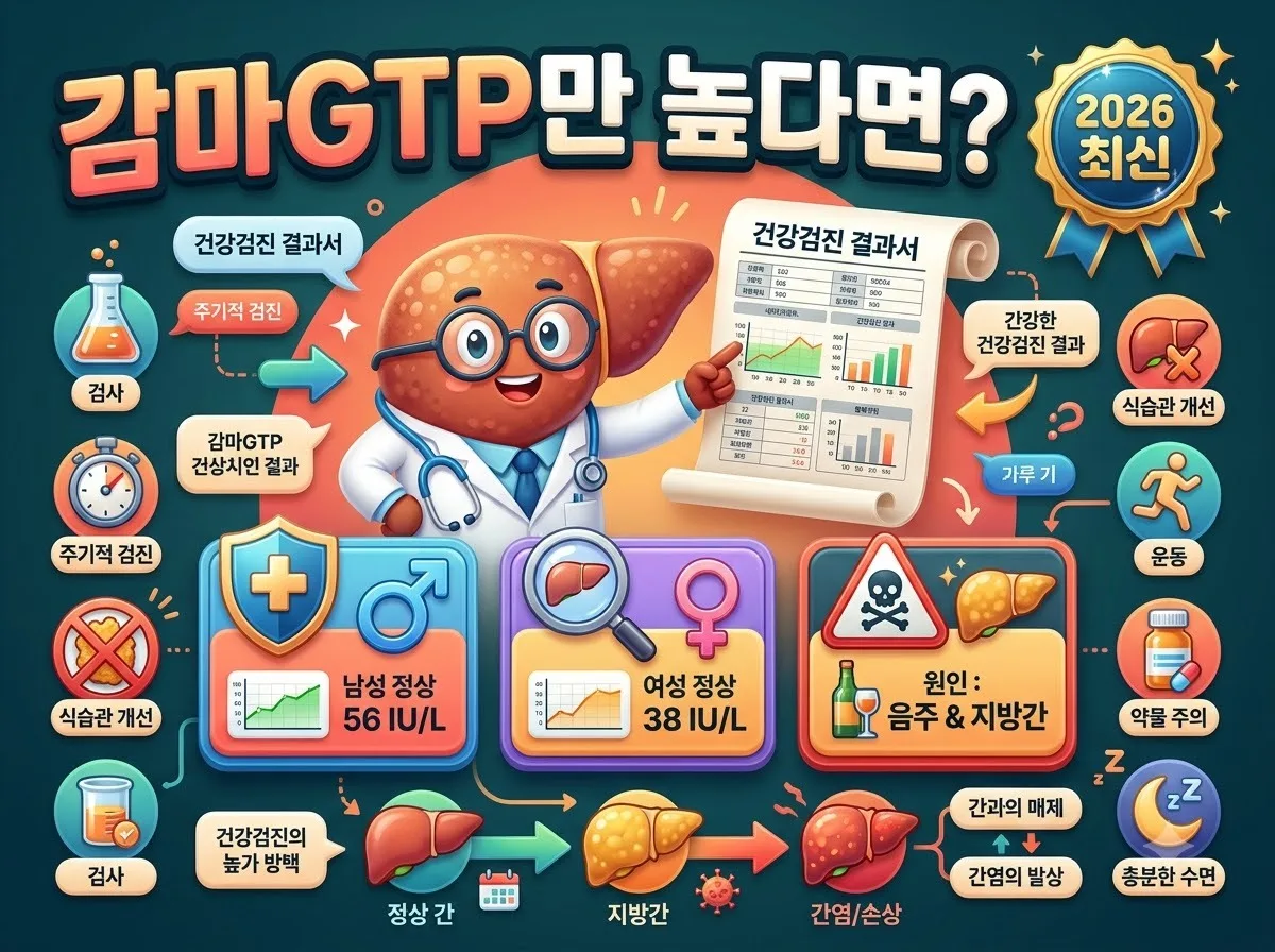 건강검진에서 감마GTP 수치만 높게 나왔을 때의 의미와 남녀 정상 범위를 3D 캐릭터와 함께 알기 쉽게 정리한 인포그래픽형 썸네일 이미지입니다.