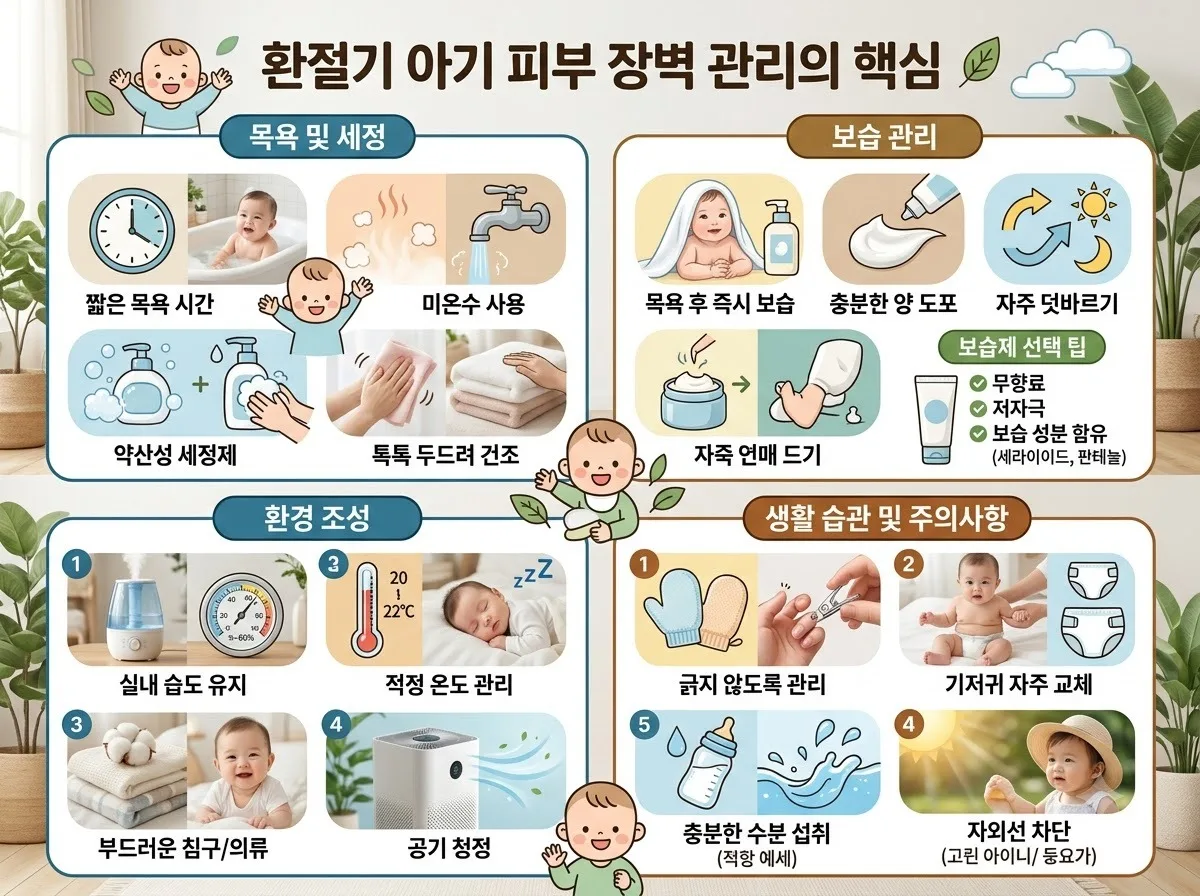 환절기 아기 피부 장벽 관리의 핵심 핵심 내용을 한글 라벨로 정리한 정보성 이미지