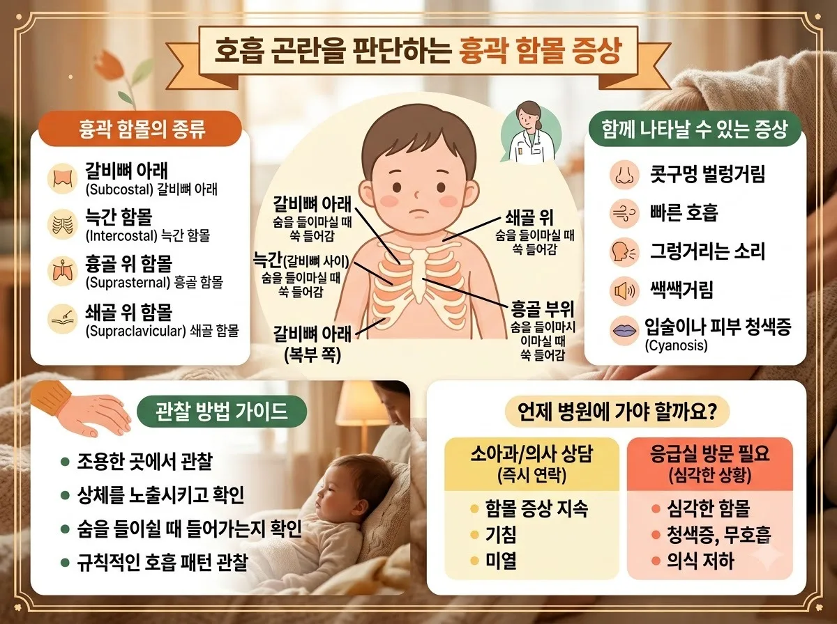 호흡 곤란을 판단하는 흉곽 함몰 증상 핵심 내용을 한글 라벨로 정리한 정보성 이미지