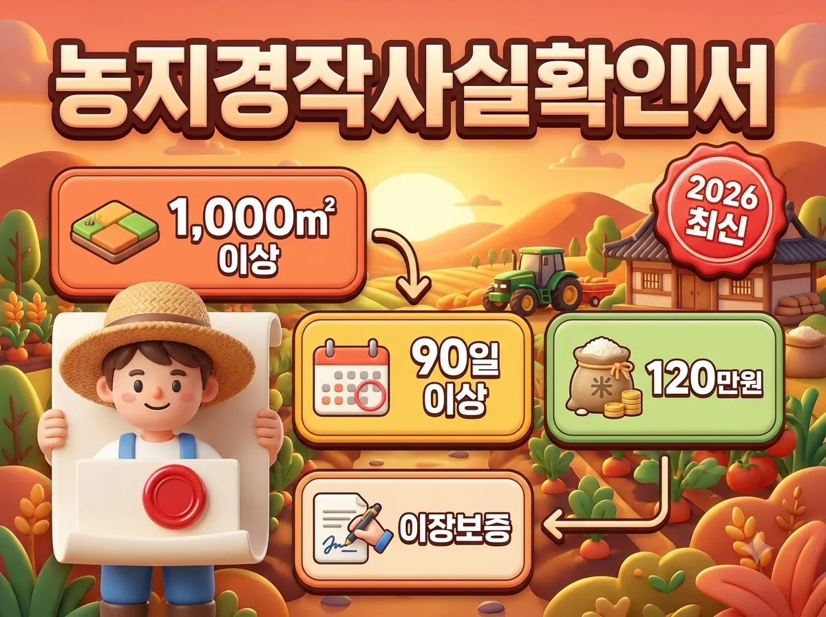 2026년 농지경작사실확인서 발급을 위한 1,000제곱미터 면적, 90일 종사일수, 120만원 판매액 기준과 필수 서류를 직관적으로 정리한 3D 캐릭터 인포그래픽 썸네일 이미지입니다.