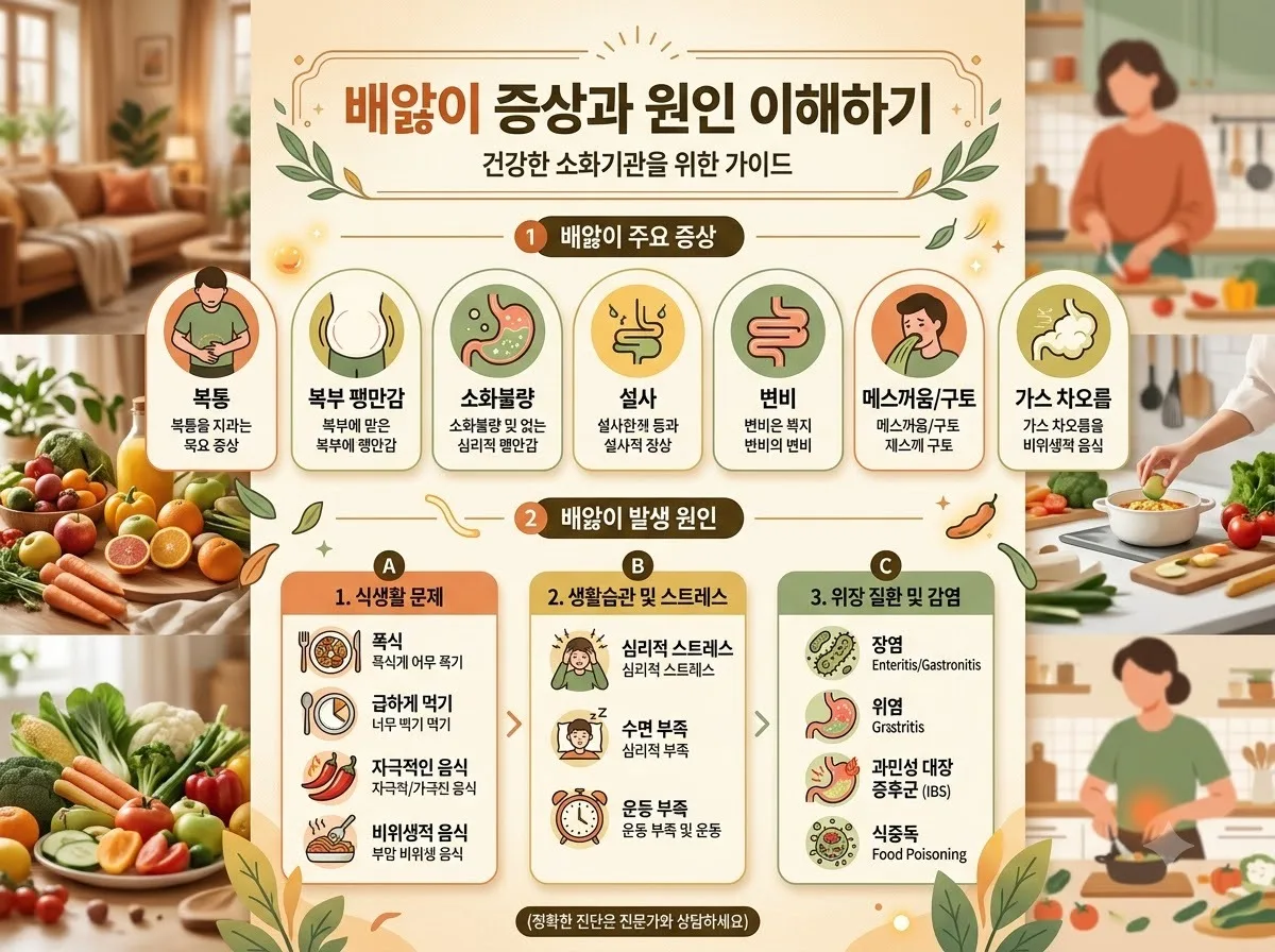 배앓이 증상과 원인 이해하기 핵심 내용을 한글 라벨로 정리한 정보성 이미지