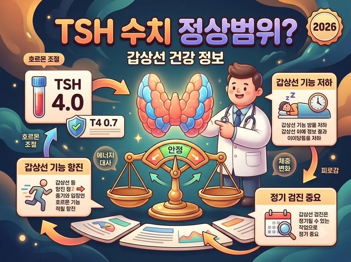 TSH 정상범위와 갑상선 건강 검진 수치 기준을 3D 캐릭터와 인포그래픽으로 알기 쉽게 정리한 정보성 썸네일입니다.