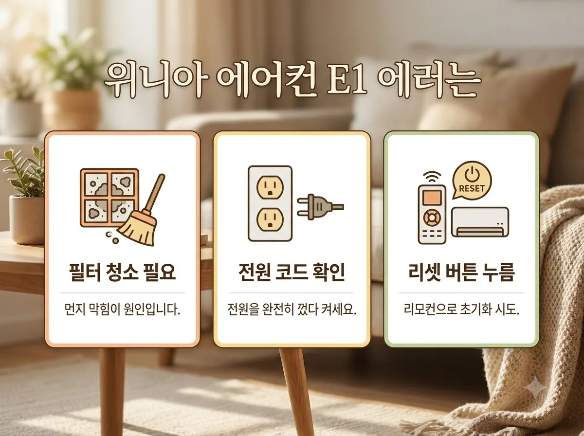 위니아 스탠드 에어컨 E1 에러코드 발생 시 4가지 조치 단계 핵심을 요약한 대표 썸네일 이미지