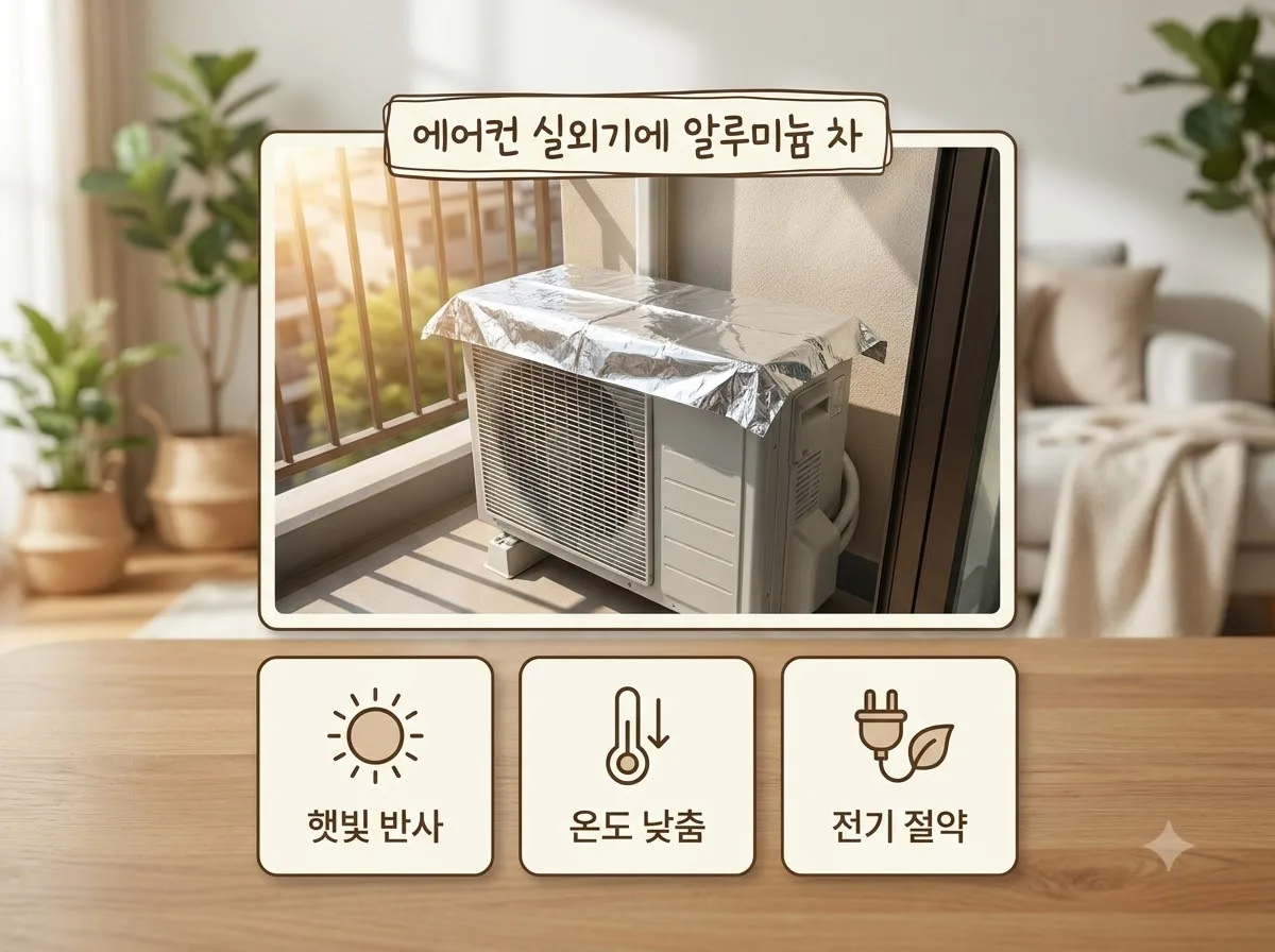 에어컨 실외기 차양막 설치 효과, 알루미늄 돗자리로 전기료 낮추는 방법 핵심을 요약한 대표 썸네일 이미지