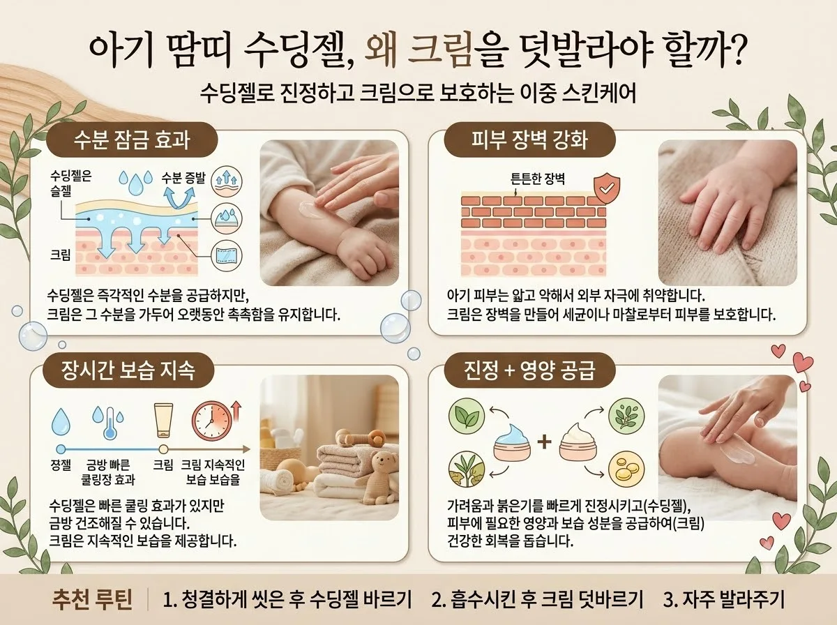 아기 땀띠 수딩젤, 왜 크림을 덧발라야 할까? 핵심 내용을 한글 라벨로 정리한 정보성 이미지