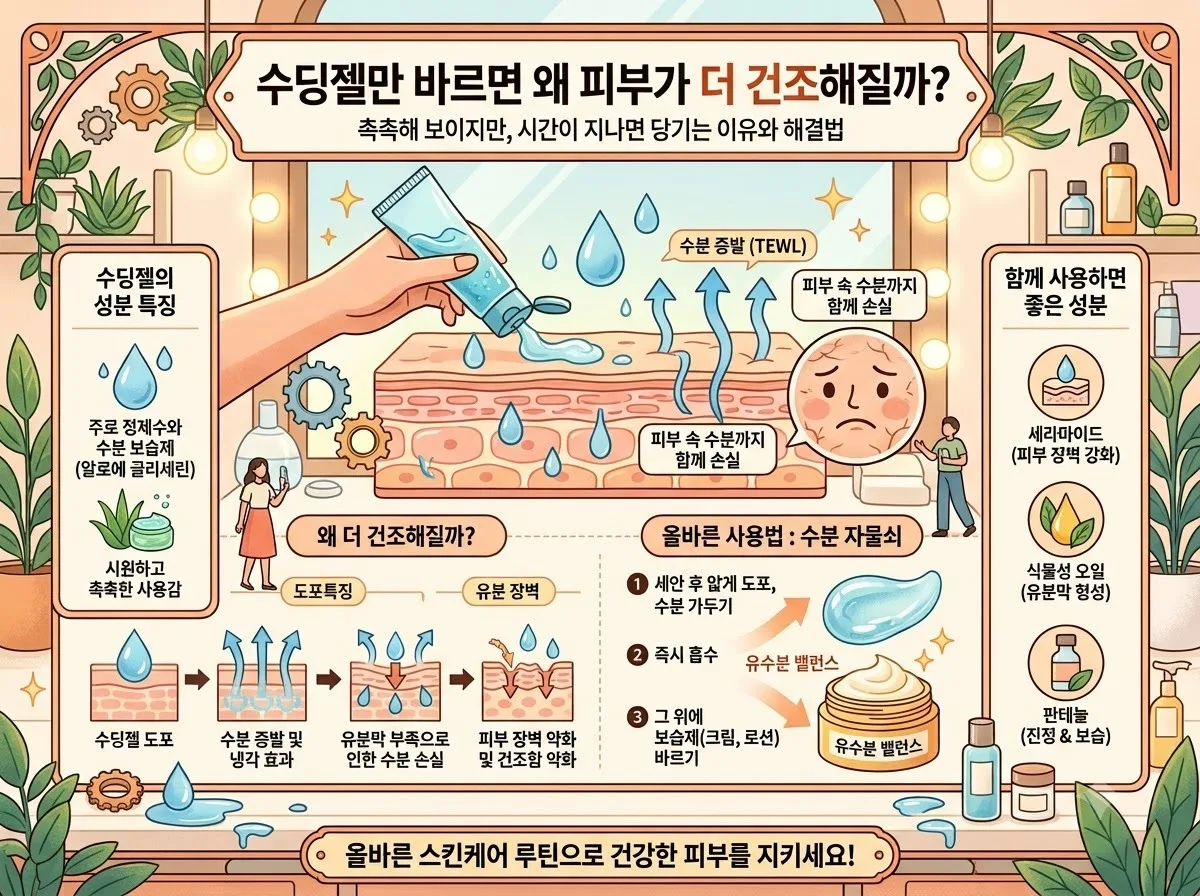 수딩젤만 바르면 왜 피부가 더 건조해질까? 핵심 내용을 한글 라벨로 정리한 정보성 이미지