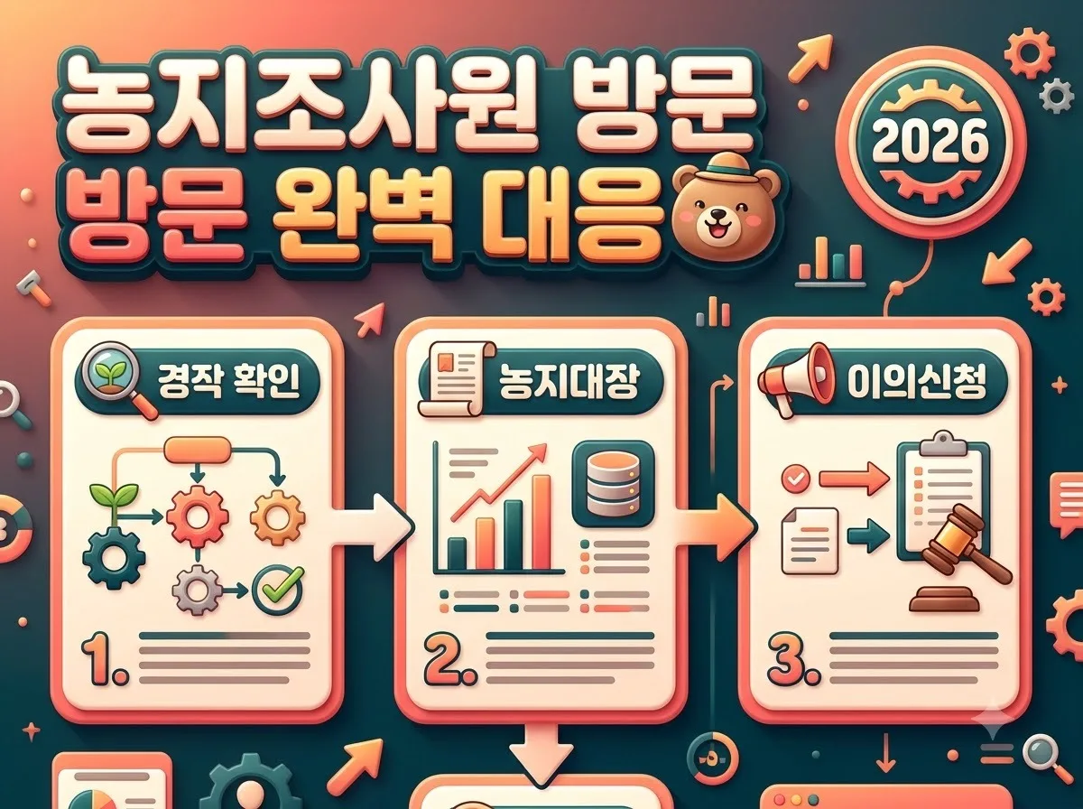 농지조사원 방문 시 반드시 확인해야 할 사항과 대응 방법을 안내하는 인포그래픽 썸네일 이미지입니다.