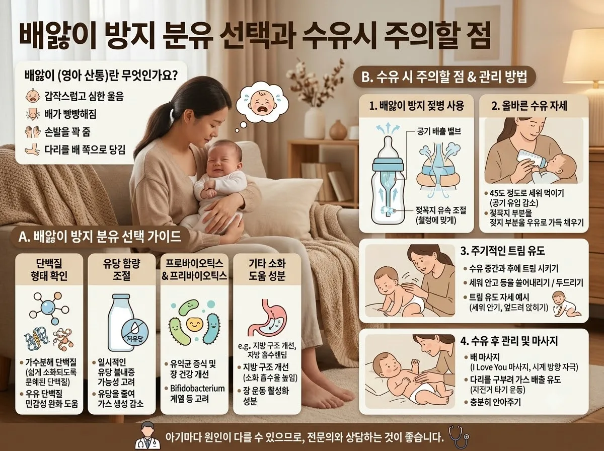 배앓이 방지 분유 선택과 수유 시 주의할 점 핵심 내용을 한글 라벨로 정리한 정보성 이미지
