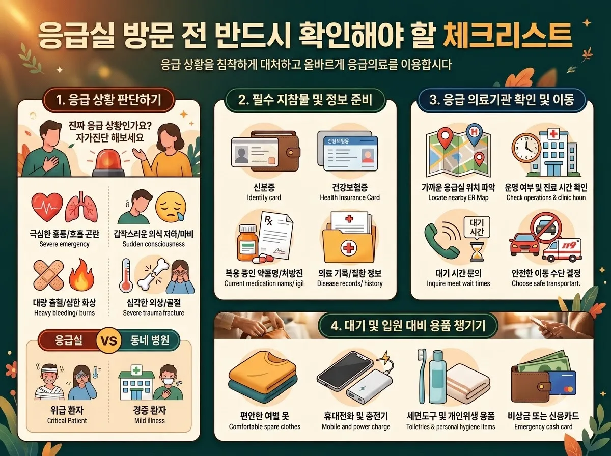 응급실 방문 전 반드시 확인해야 할 체크리스트 핵심 내용을 한글 라벨로 정리한 정보성 이미지