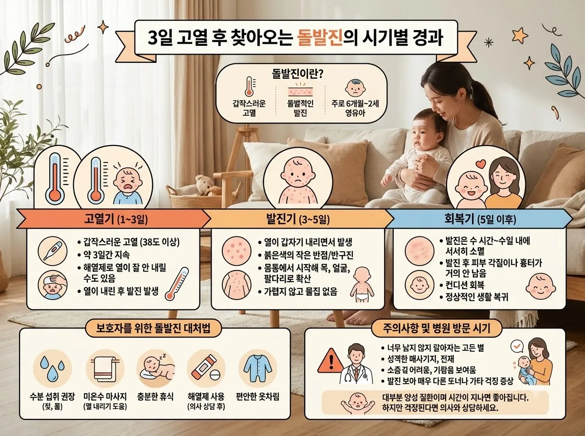 3일 고열 후 찾아오는 돌발진의 시기별 경과 핵심 내용을 한글 라벨로 정리한 정보성 이미지