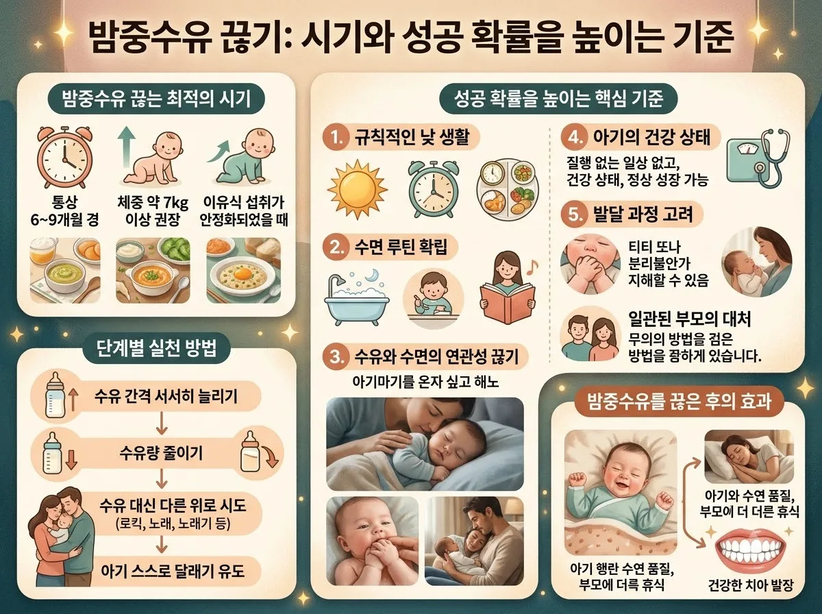 밤중수유 끊기 시기와 성공 확률을 높이는 기준 핵심 내용을 한글 라벨로 정리한 정보성 이미지