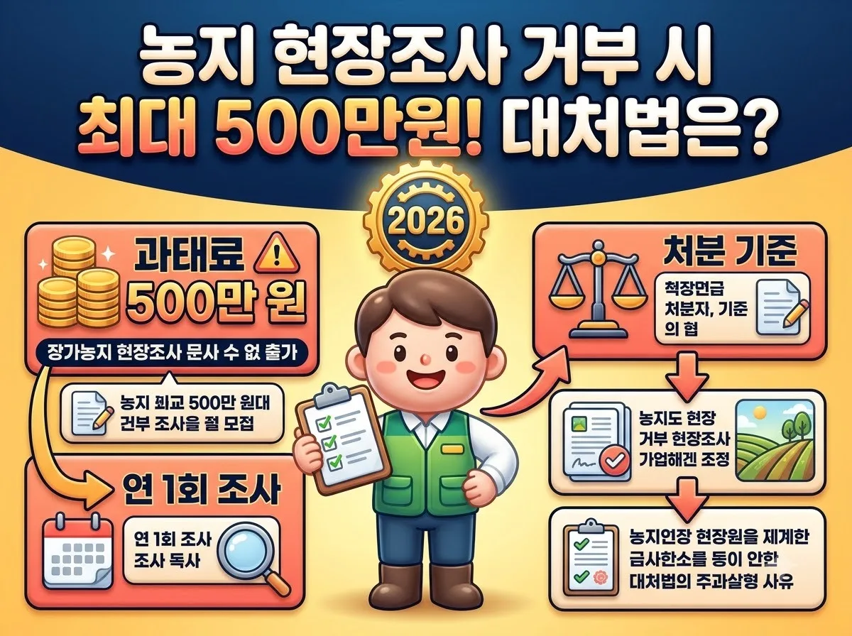 농지 현장조사 거부 시 부과되는 최대 500만 원의 과태료와 올바른 대처법을 안내하는 인포그래픽 썸네일 이미지